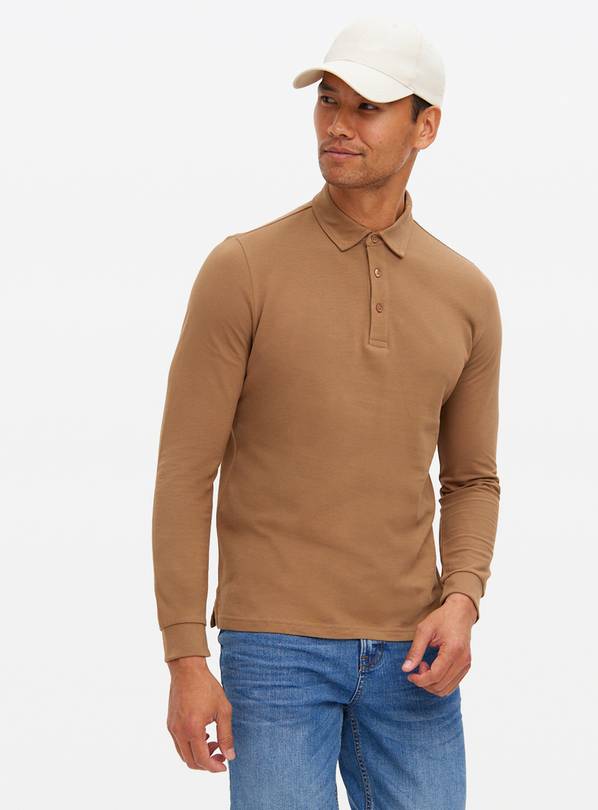 Light Brown Long Sleeve Pique Polo Shirt S